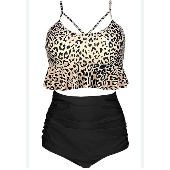 COCOSHIP Ruffled Hem Rusched Side Tankini Leopard Print Swim Suit Top Size L - Picture 4 of 12